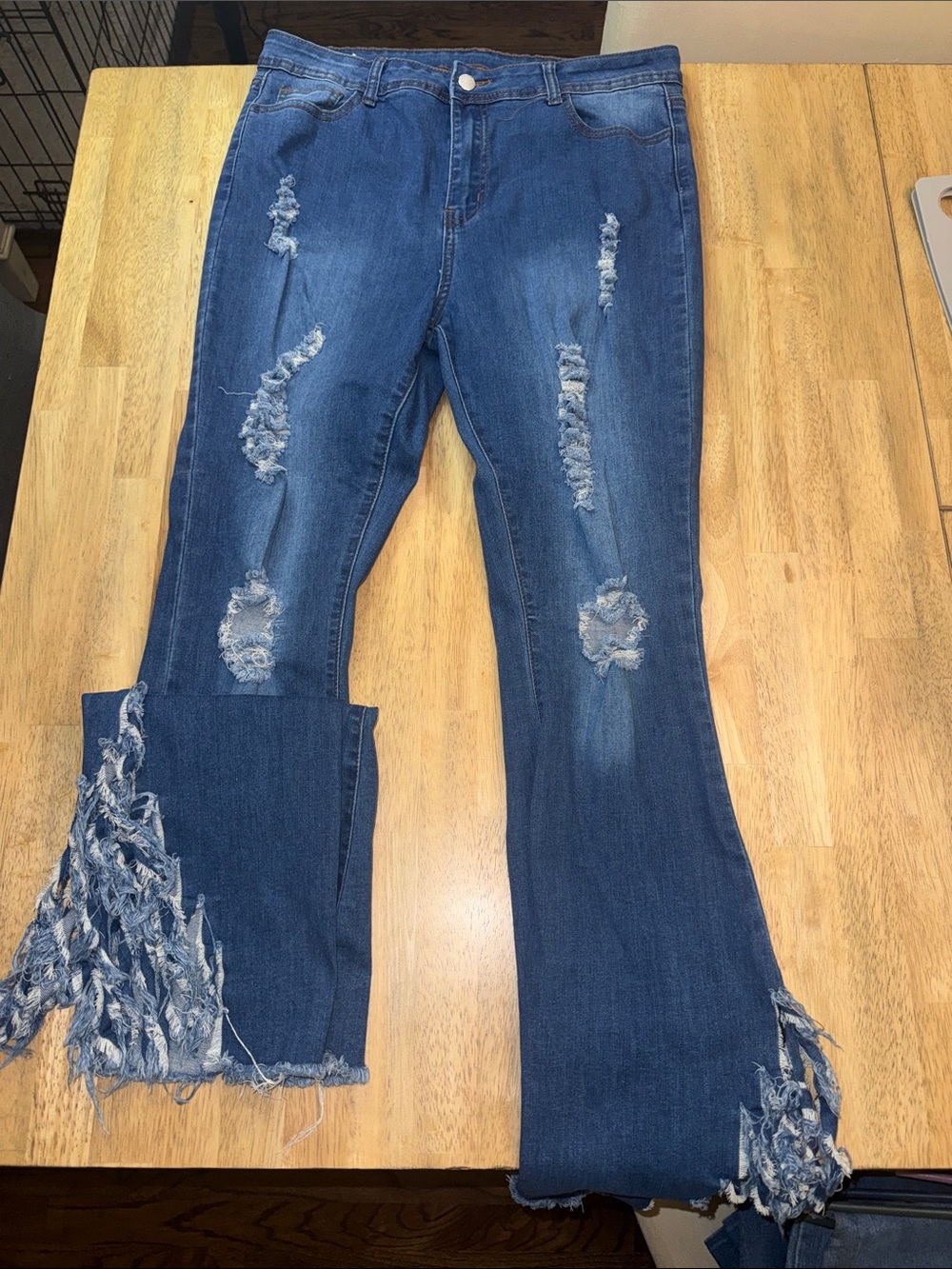 Women's Dark Blue Distressed Flare Jeans with Fringed Hem